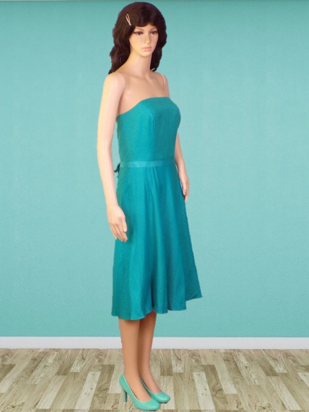 ANN TAYLOR size 8 teal-green OTS fit/flare party/cocktail dress cotton/silk - Picture 2 of 15